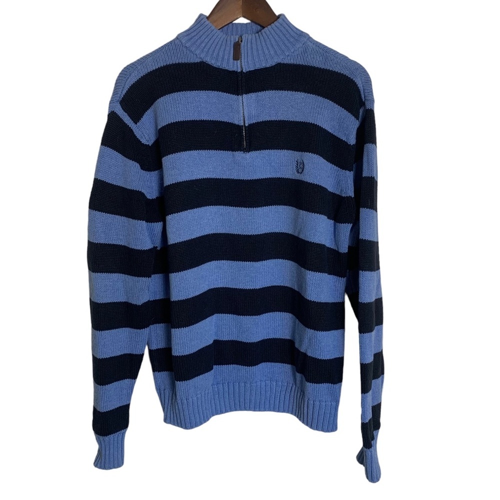 Chaps Men's Quarter Zip 100% Cotton Striped Mock Turtleneck Sweater Size L